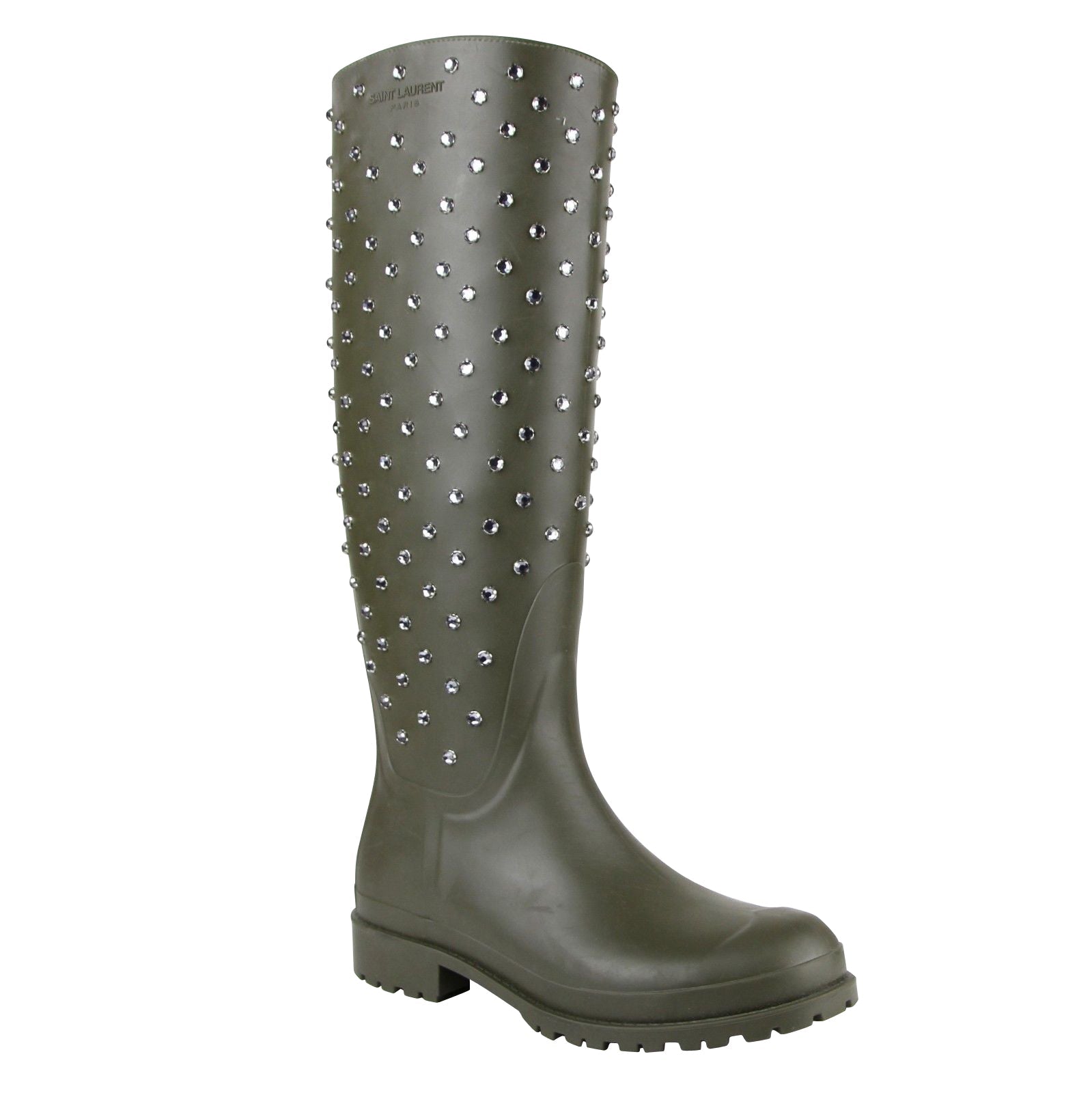 Saint Laurent Women's Diamond Studs Olive Green Rubber Rain Boots(36 EU / 6 US)