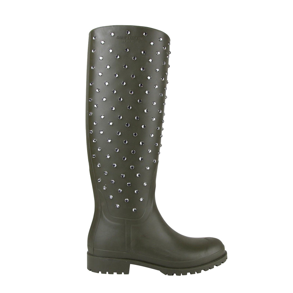 Saint Laurent Women's Diamond Studs Olive Green Rubber Rain Boots(36 EU / 6 US)