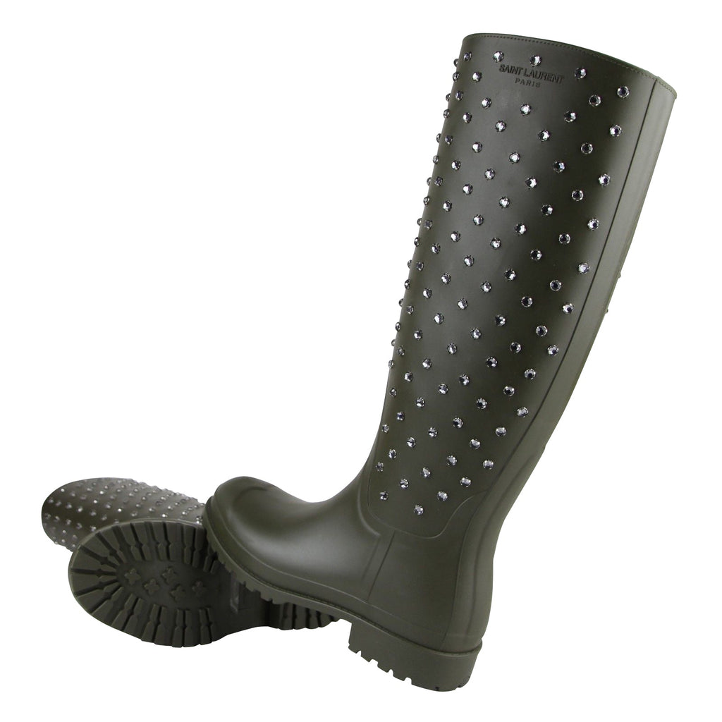 Saint Laurent Women's Diamond Studs Olive Green Rubber Rain Boots(36 EU / 6 US)