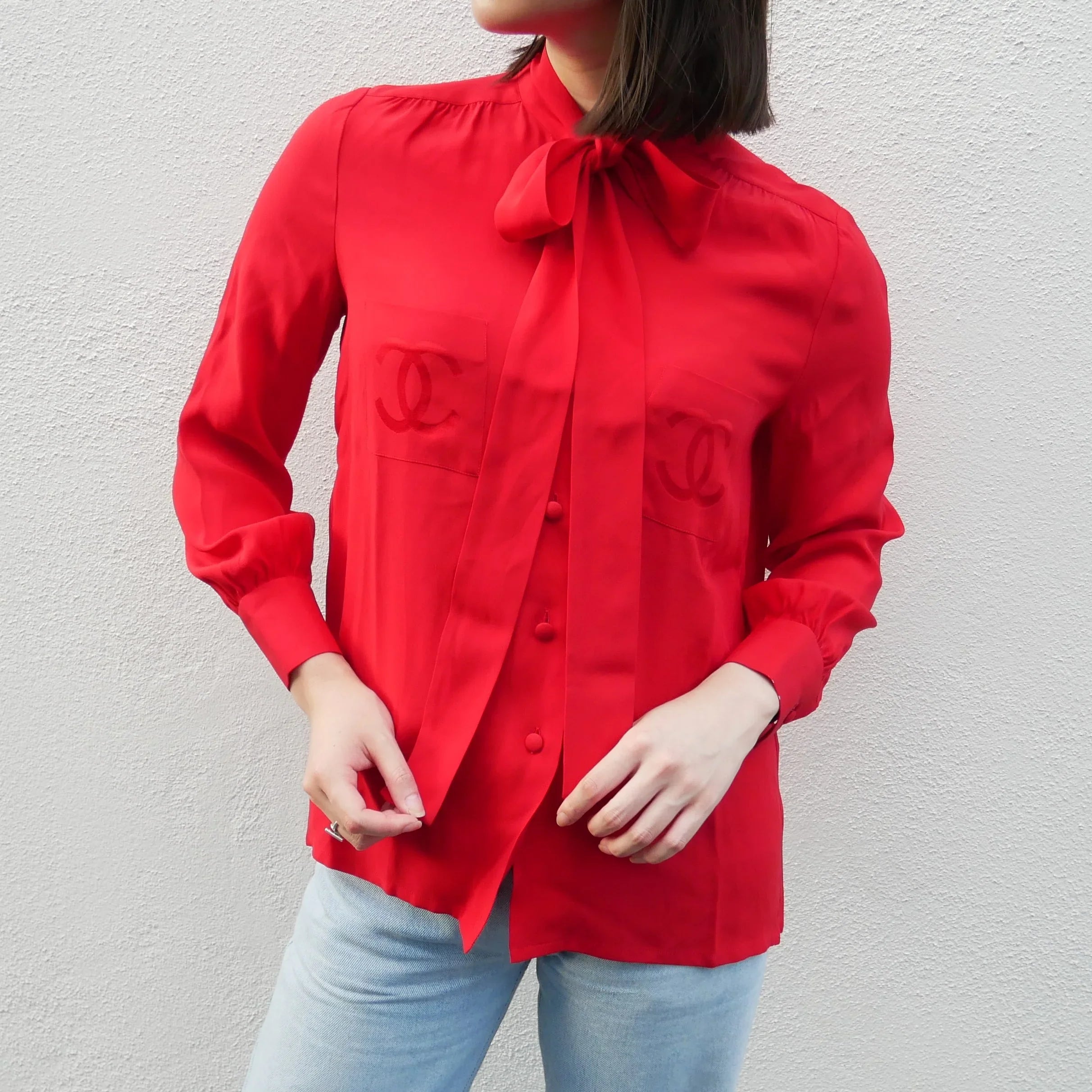 CHANEL 1970s logo print pussy bow shirt